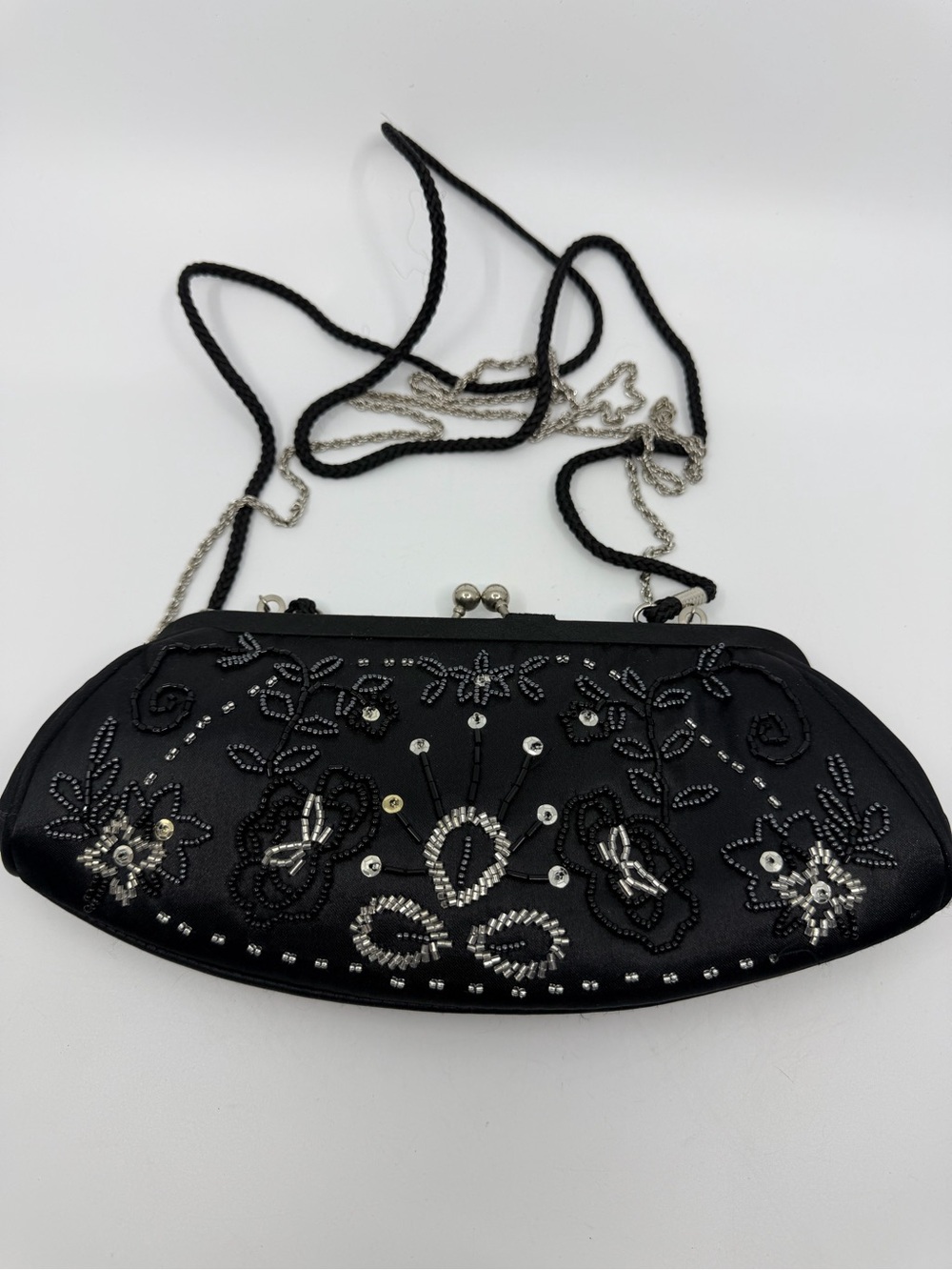 Black Beaded Evening Clutch with Chain or cord Strap